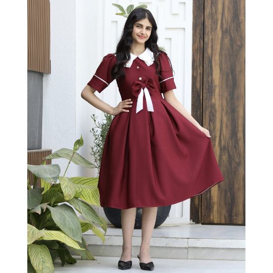 صورة فستان بناتي عودي بفيونكة ذيل وأكمام مميزة | ألوان (عودي, احمر, ليموني) - 1165